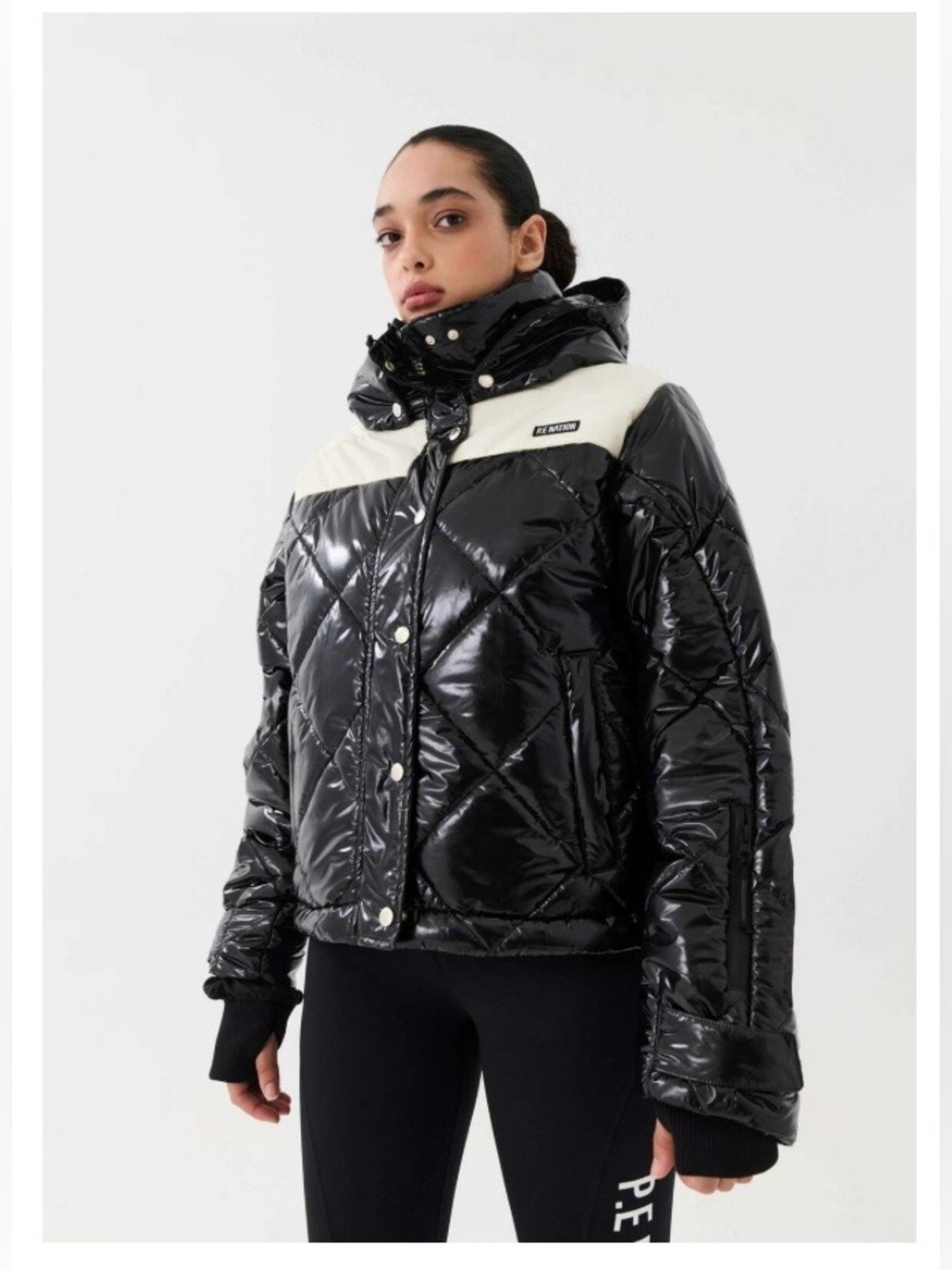 P.E Nation big sky quilted puffer hooded jacket snow coat black cream medium